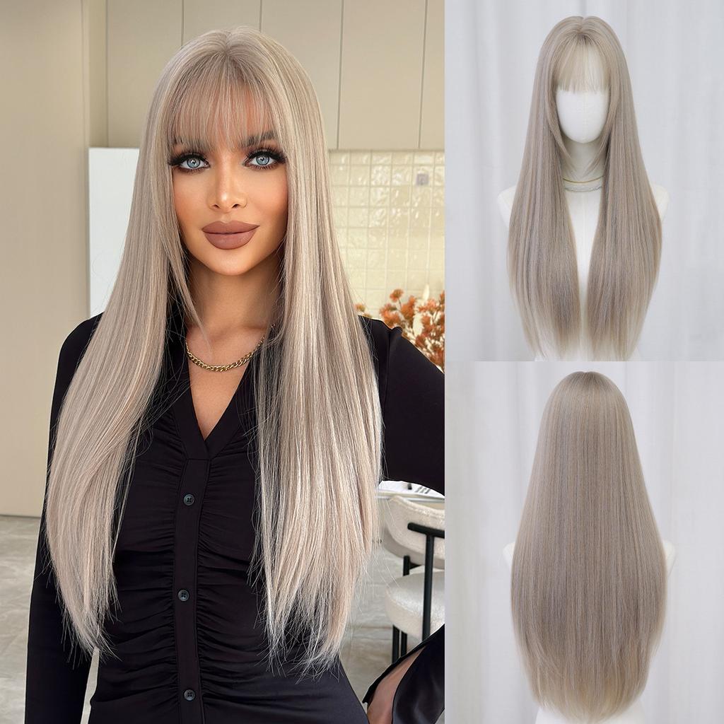 New Highlighted Brown Long Straight Wig for Women - Full Bangs One-Length Cut JK Schoolgirl Style Rejuvenating Daily Wear Full Cap Wig