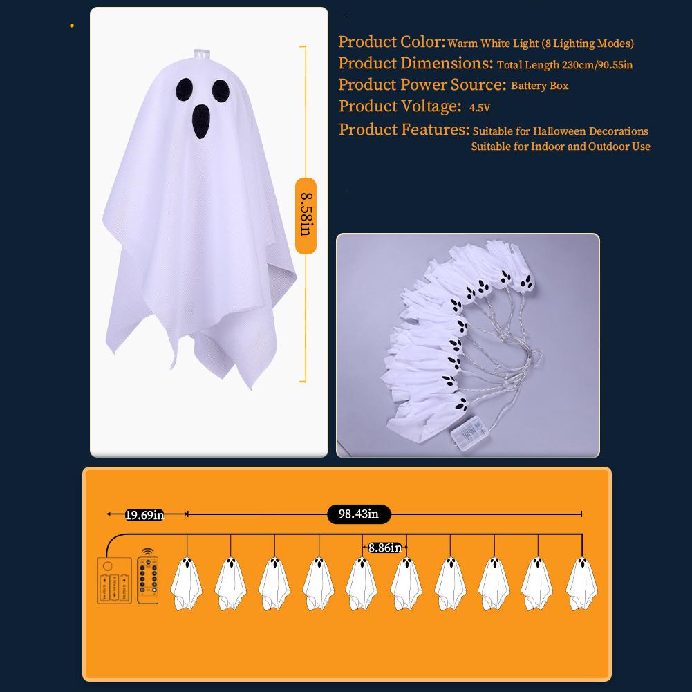 10Pcs Spooky Ghosts String Lights W/ 8 Light Modes LED Ghost Battery Operated Halloween Lights for Indoor Outdoor Party