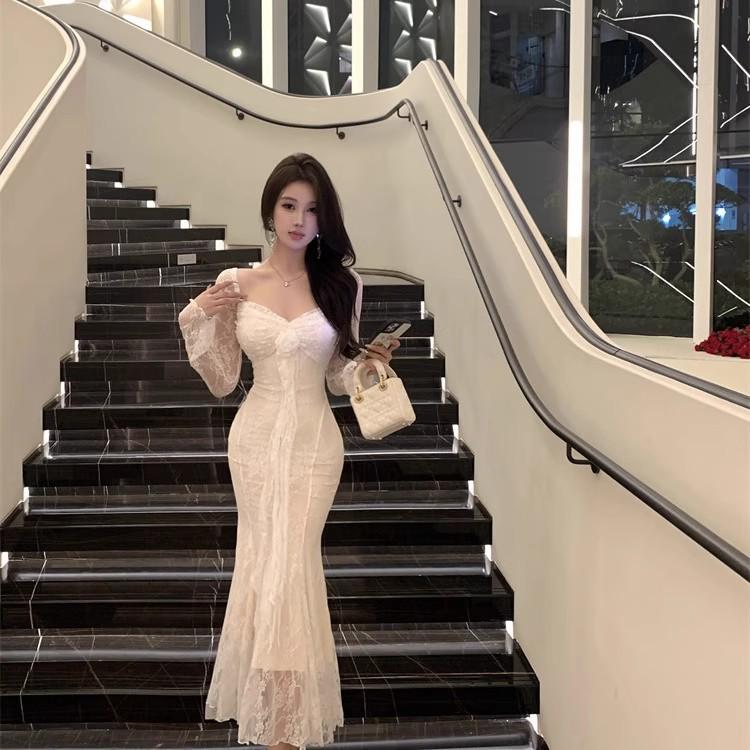 2026 French 3D Floral Ribbon Long Sleeve Lace Slimming Fishtail Formal Dress for Women