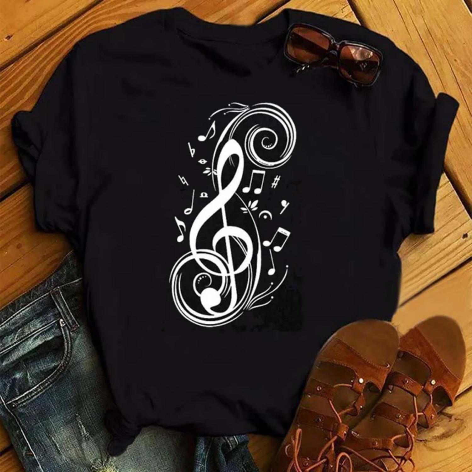

Новая женская футболка с принтом Music Note Heartbeat, хипстерская футболка с короткими рукавами, женская модная черная футболка в стиле Харадзюку S чёрный
