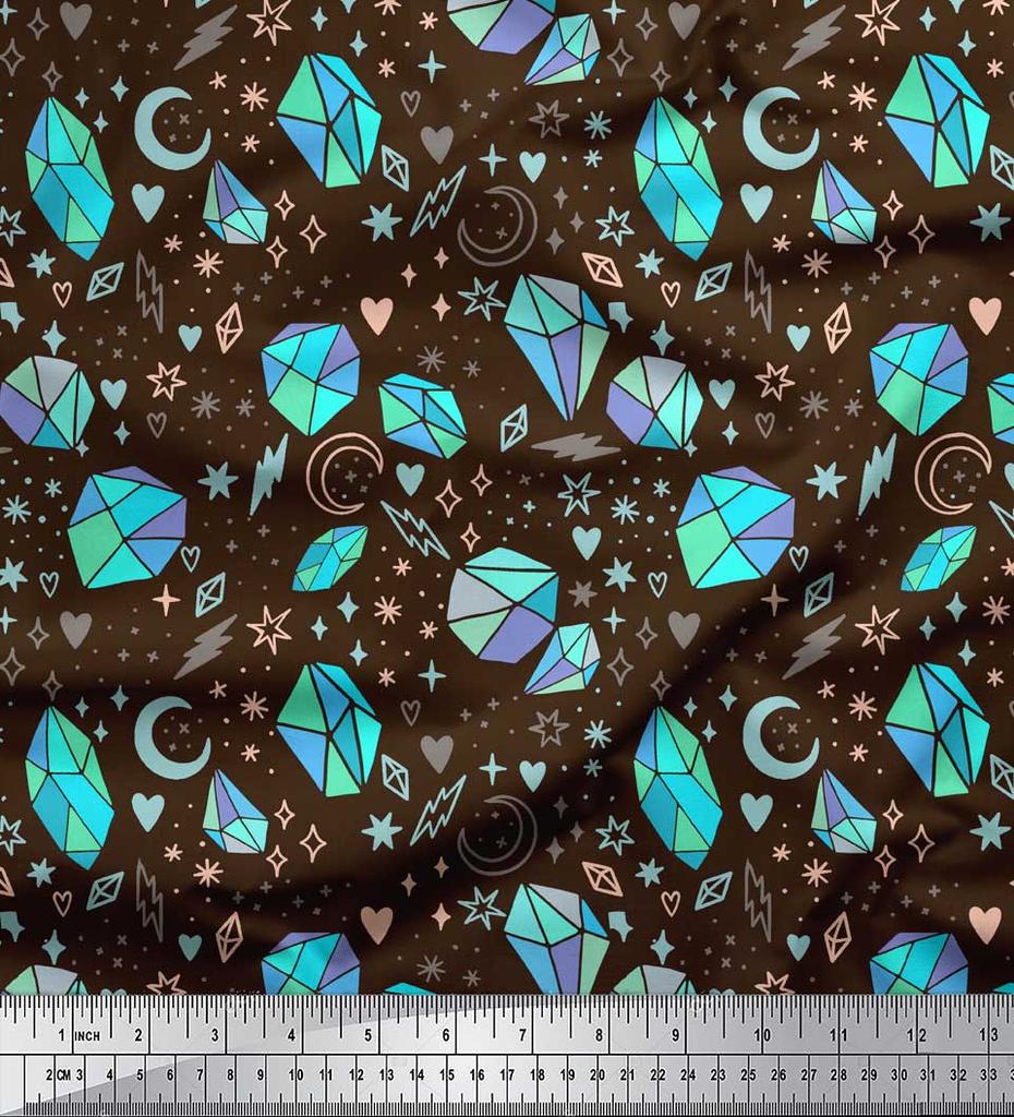 Soimoi Brown Japan Crepe Satin Fabric Heart & Crystal Stone Geometric Decor Fabric Printed metre 42 Inch