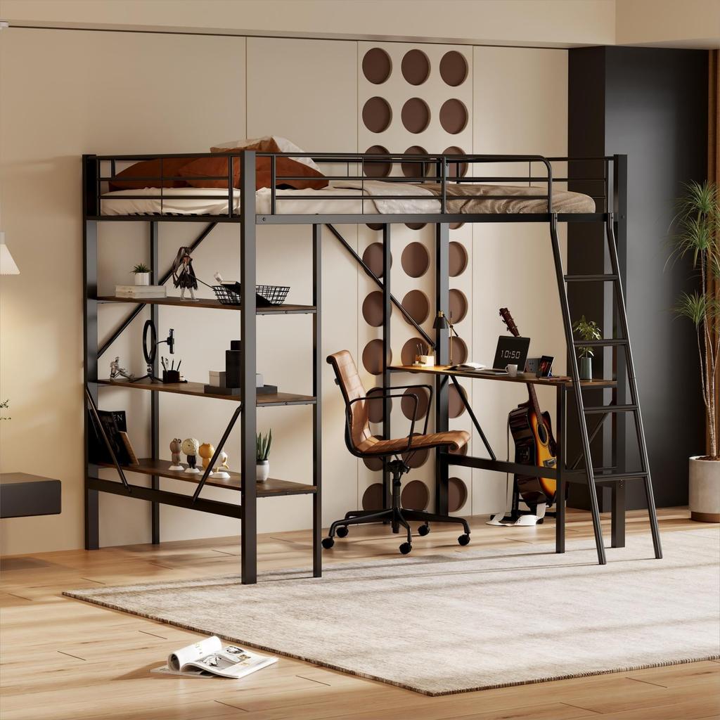 Bunk Bed 90x200 Cm Iron Frame, Desk & 3 Shelves, Side Rails & Safety Ladder, Children's room/Adults