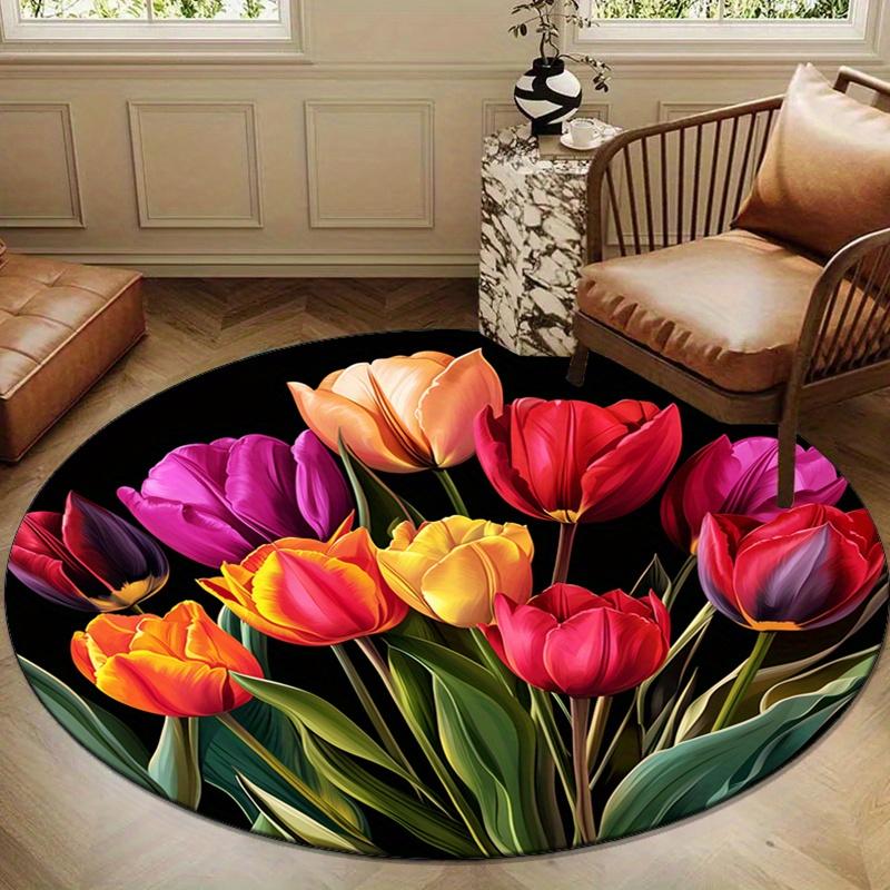Tulip Print Round Area Rug - Non-Slip Polyester Chair Mat for Bedroom, Living Room - Decorative Floral Crystal Velvet Carpet