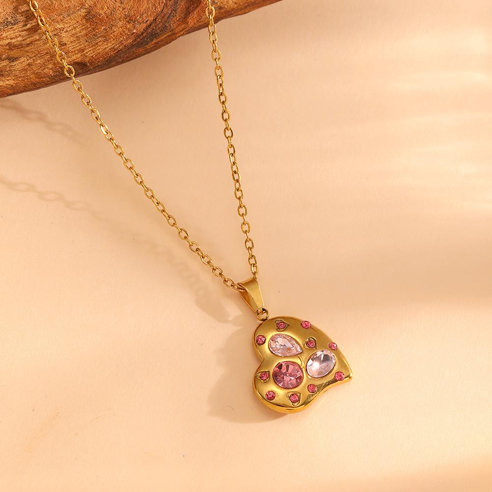 New Fashion 18K Gold PVD Stainless Steel Chain with Heart and Water Drop Pendant Full of Zircon Necklace Women Gift