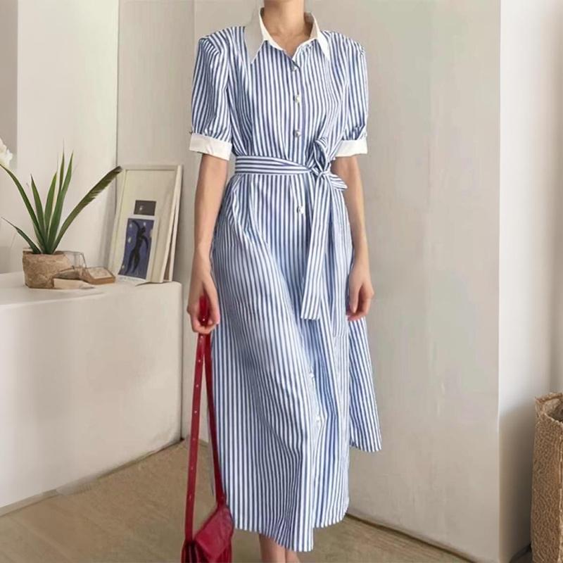 

ZANZEA Women Casual Turn Down Collar Short Sleeve Loose Stripe Dress M синій