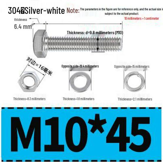 304 Stainless Steel Hex Head Bolt and Nut Set M6-M14, Lengths 8-100mm