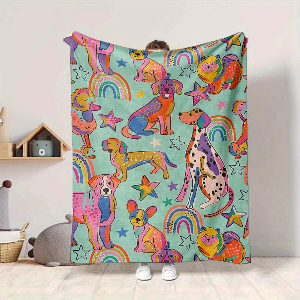 1pc Dogs Rainbows Print Blanket Lightweight Flannel Throw Blanket For Sofa, Bed, Living Room, Office, Outdoor Travel, Camping