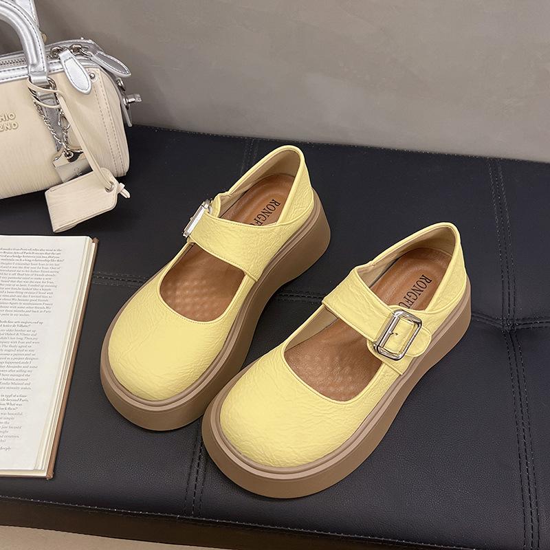 British style retro round head shallow mouth one-word single shoes spring new fashion increase height show long legs Mary Jane small leather shoes