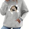 Women's Autumn and Winter Warm and Loose Casual 3D Cat Pattern Printed Velvet Long Sleeved Hooded Sweatshirt