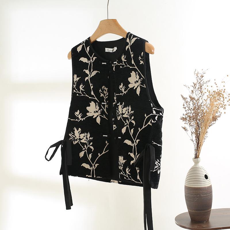 Jacquard disc buckle round neck vest women's retro embroidery outer literary vest year-round daily wear