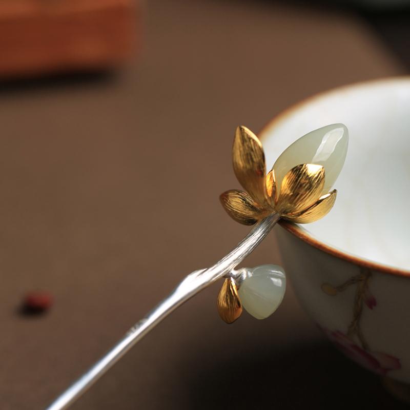 New Natural Hetian Jade Lotus Hairpin Tiara Ladies Hair Jewelry Retro Elegant Chinese Style Hanfu Accessories Wedding Gift