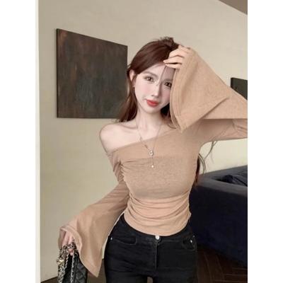 Pull d'automne à une épaule, manches trompette larges, en soie glacée, protection solaire, pour femme, montrant la clavicule, fin, à manches longues, T-shirt Top