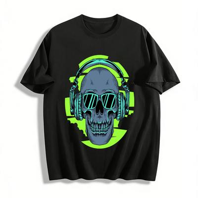 Cool Skull Headphone Print Street Style Unisex Casual T-Shirt Pure Cotton T-shirt