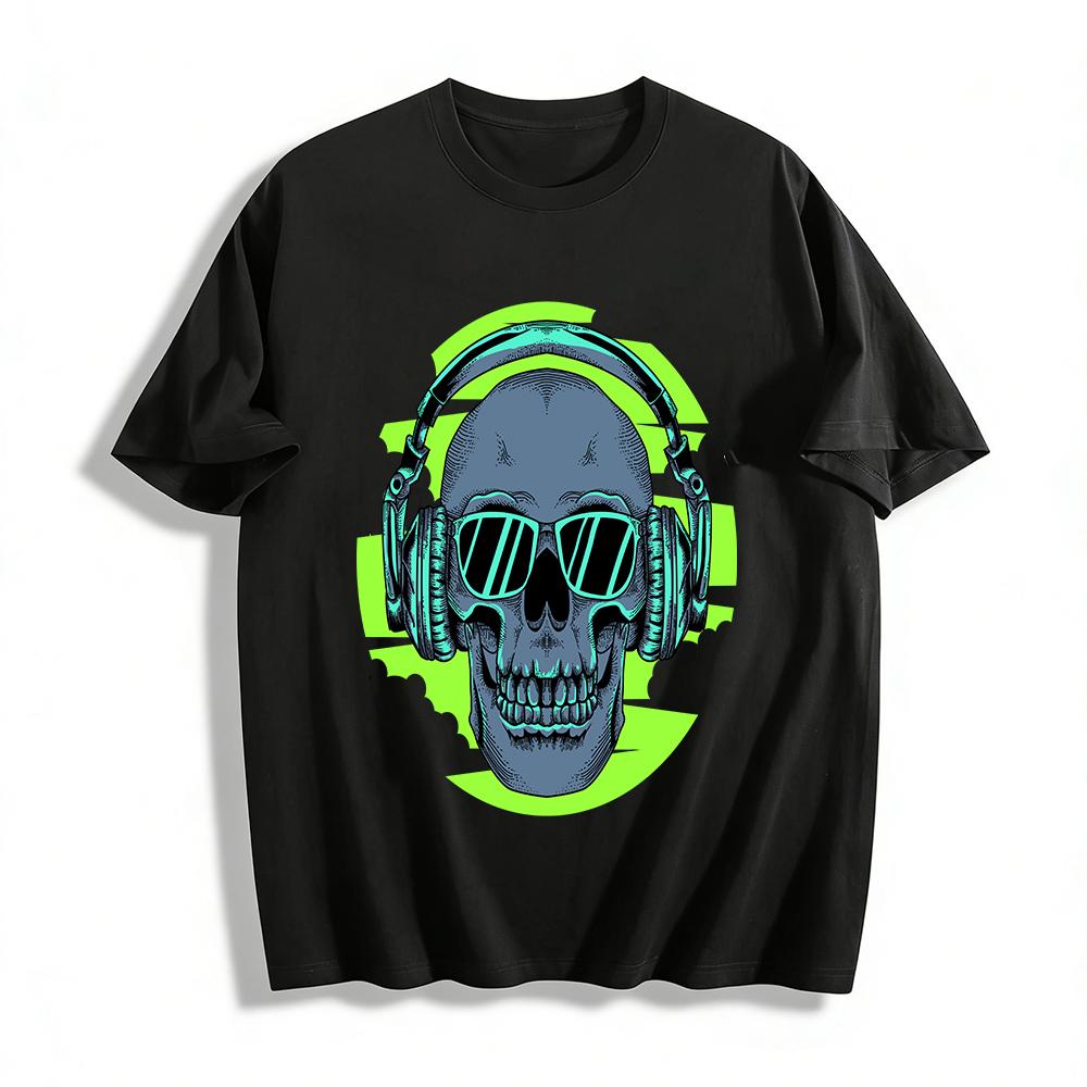 Cool Skull Headphone Print Street Style Unisex Casual T-Shirt Pure cotton T-shirt XXS