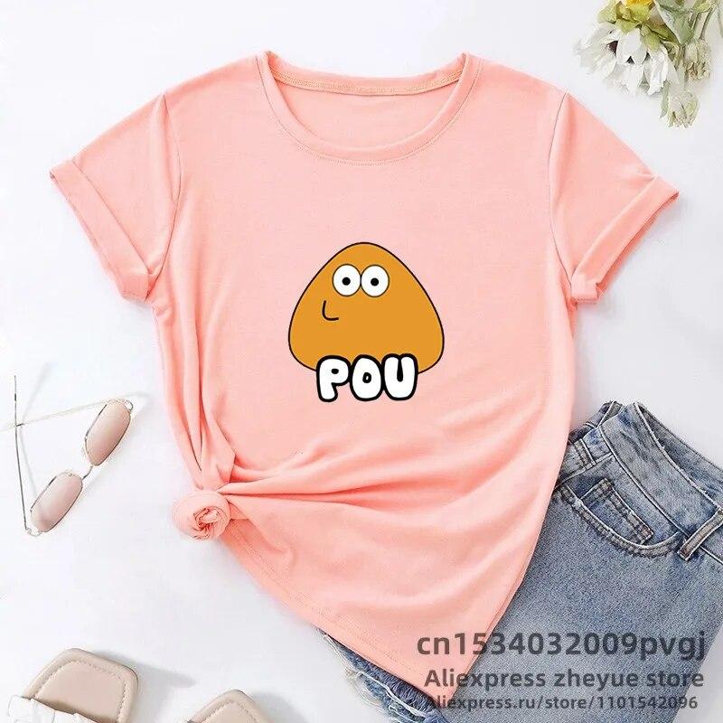 POU Cute Wow Head Pattern T Shirt Women Short Sleeve Tops Funny Game Graphic Print Tshirt Harajuku Woman Clothing Unisex