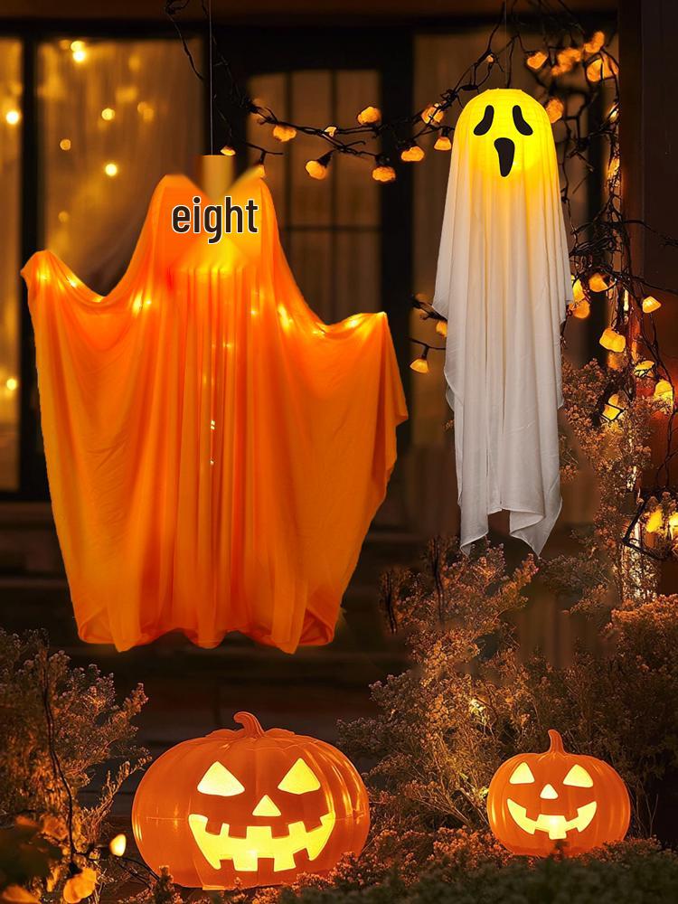 Halloween Ghost Pumpkin Lantern Pendant - Luminous Hanging Decoration for Spooky Indoor Scenes.