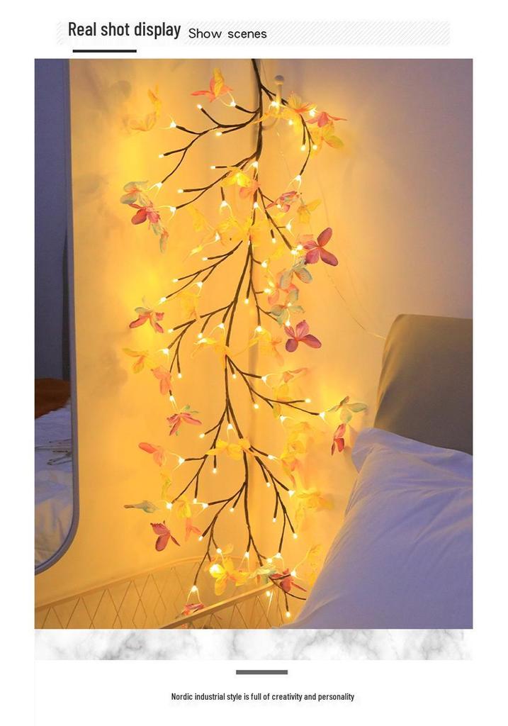 Bendable LED Rattan String Lights with Butterflies & Leaves for Wall Decoration