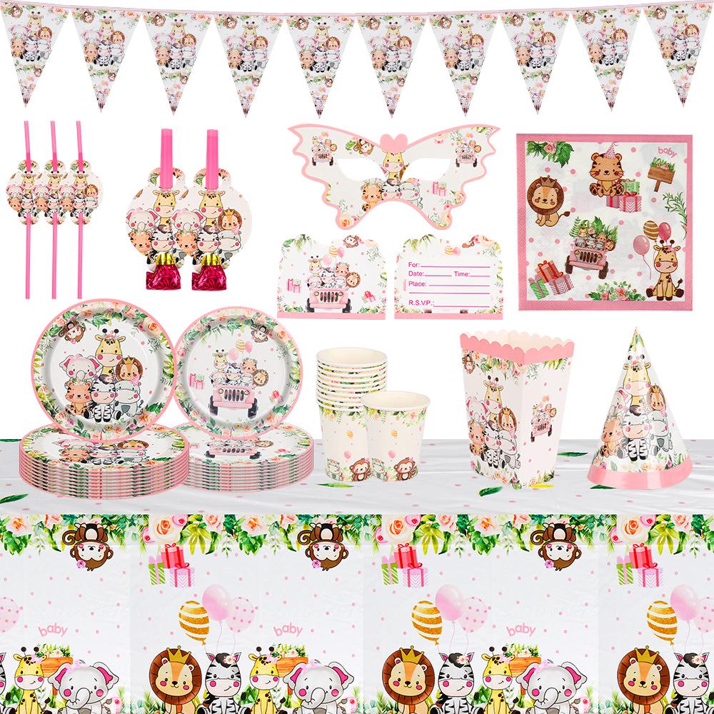 2025 Pink Jungle Animal Party Paper Tableware Set: Plates, Cups, Napkins, Tablecloth