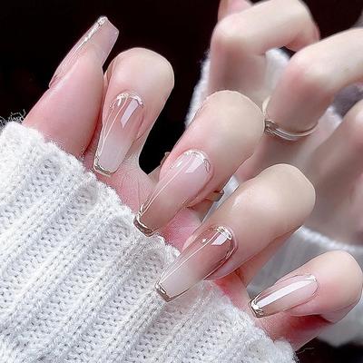 24 Pcs Autumn and Winter Gradual Change Mocha Manicure Gold Foil Trim High-end Atmosphere Ins Wind Wearing Nail