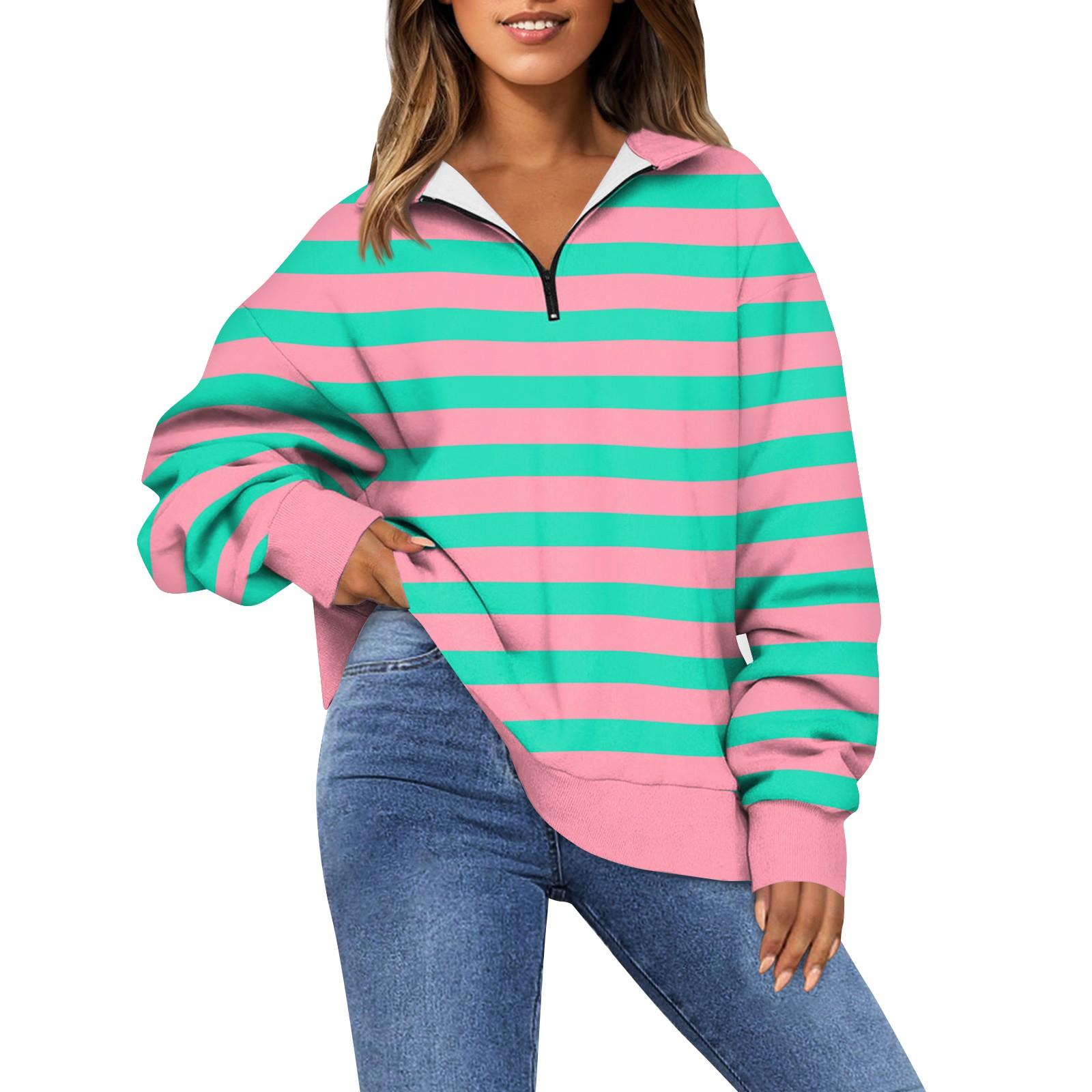 

Жіночий світшот Модний світшот з довгими рукавами в смужку та напівзастібкою з принтом M рожевий