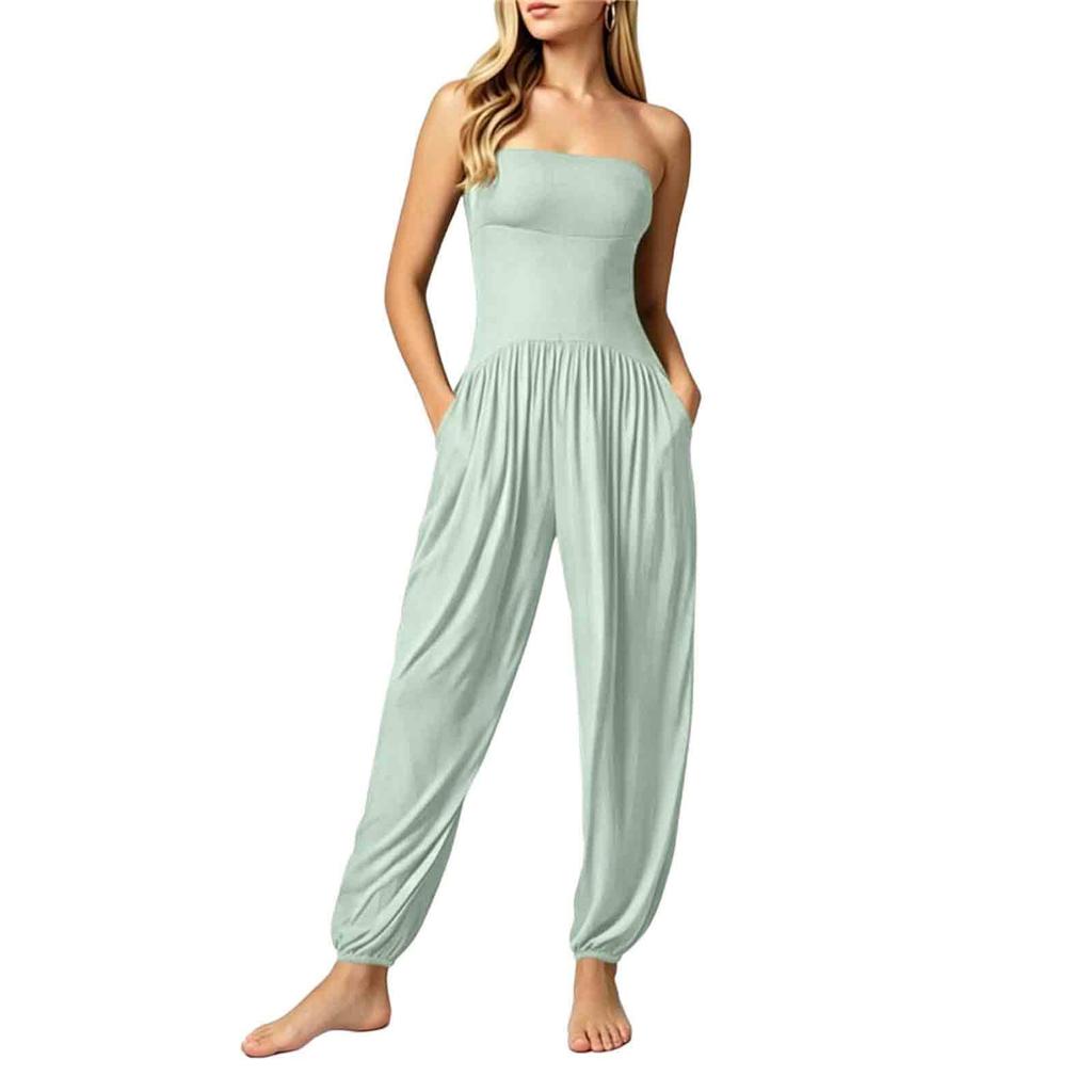 Damen Ärmellos Trägerlos Jumpsuit Elastische Taille Tasche Lässig Lockerer Schnitt Strampler Vollbeinige Hose