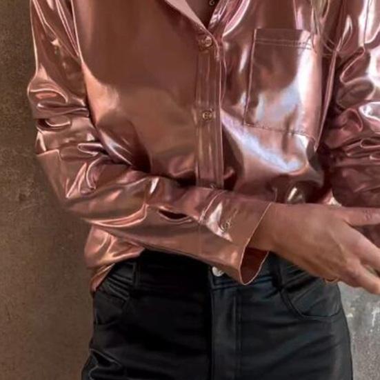Camicia da donna con risvolto, manica lunga, vestibilità ampia, in pelle scamosciata, casual, con tasca applicata, monopetto