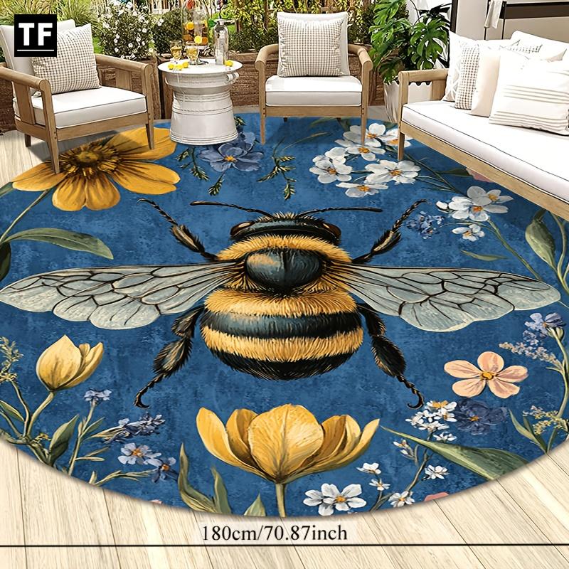 Crystal Velvet Carpet[1pc Bee&Flower Rug] Spring In The Air 1pc Crystal Velvet Round Carpet/Rug/Mat with Bee&Flower Pattern,