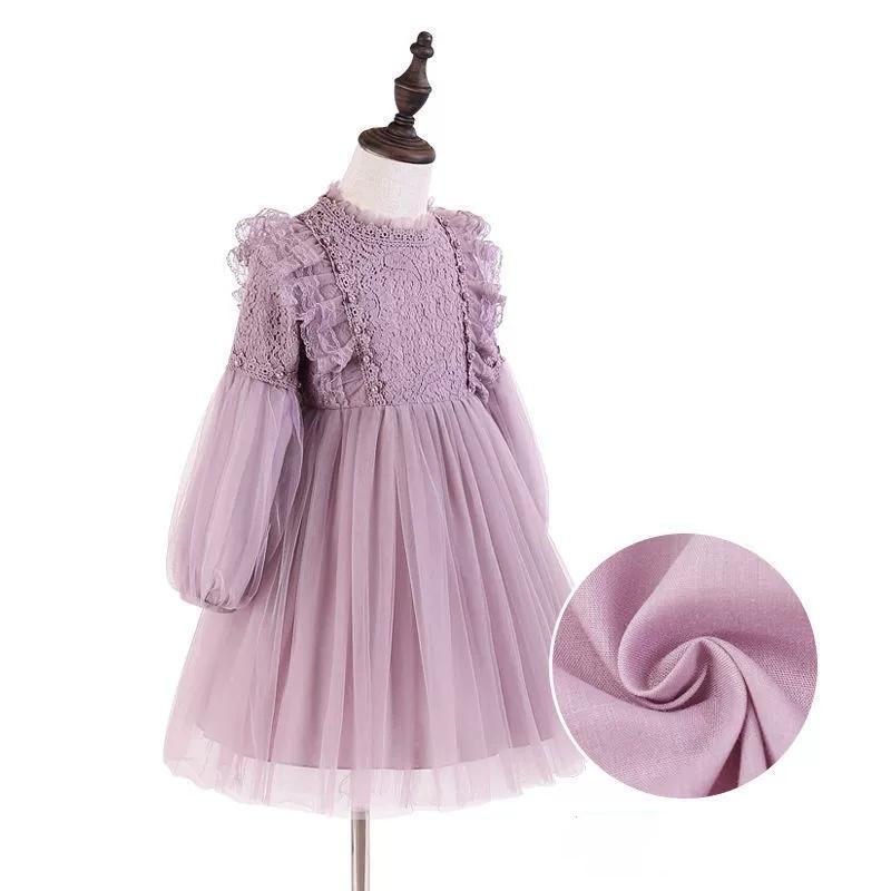 Spring Autumn Kids Girls Dresses Lantern Sleeve Lace Princess Dress Pearl Sweet O-neck Mesh Party Children's Clothing Vestidos