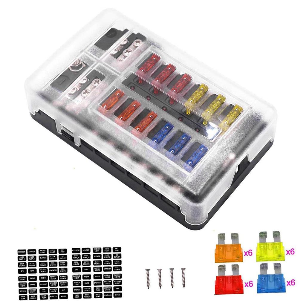 12 Circuit Fuse Block, Fuse Box Fit for Marine Automotive Car Vehicle