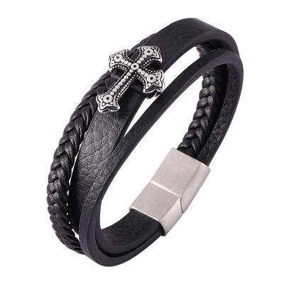 Cross Style Multi Layer Design Stainless Steel Fashion Men's Leather Bracelet Classic Gift For Men Jewelry