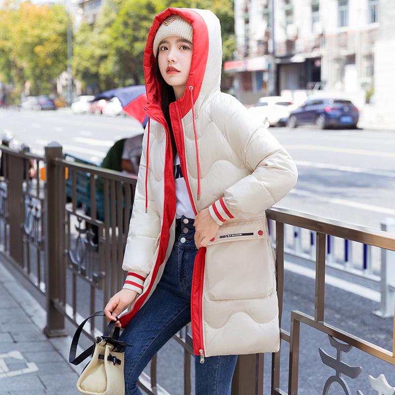 

Женское зимнее контрастное пальто с капюшоном, корейская версия, свободная длинная студенческая хлопковая одежда и одежда-пуховик. S