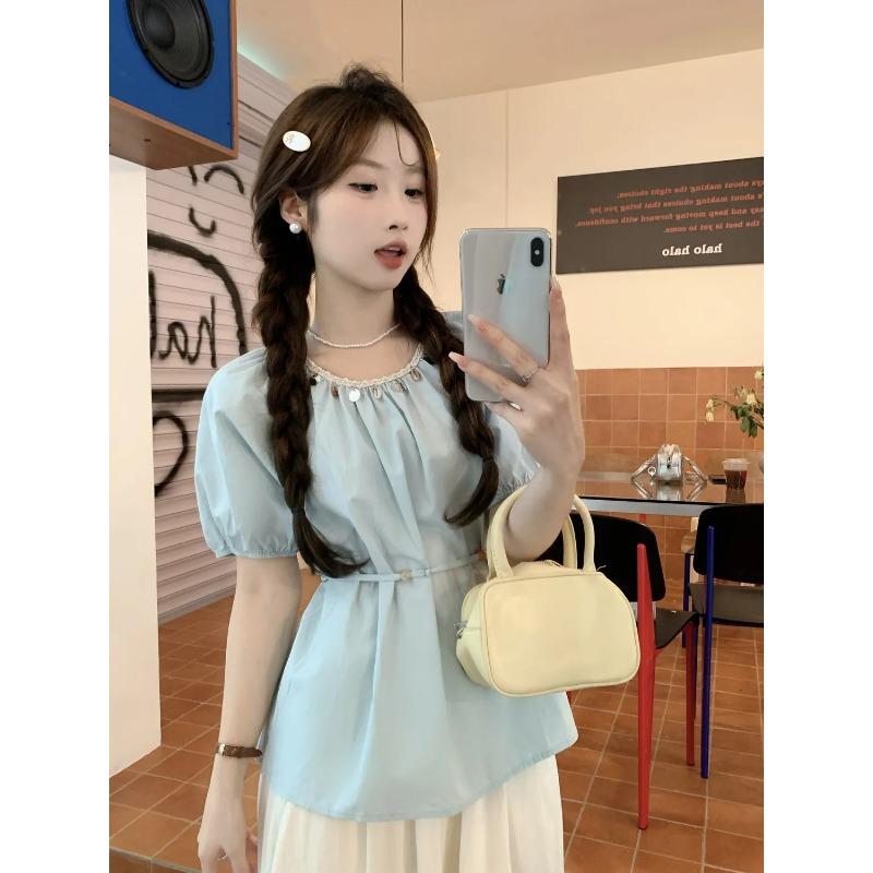 

Women Summer Casual Blue Shirt Puff Sleeve Lace Trim Drawstring Waist Blouse S синий