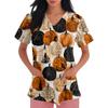 Womens V Neck Halloween Print Short Sleeve Scrub Top with Pocket Side Slit Medical Uniform Shirt for Healthcare Professionals
