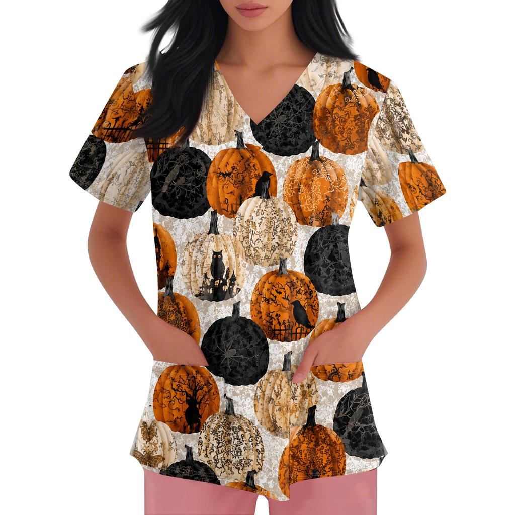 Womens V Neck Halloween Print Short Sleeve Scrub Top with Pocket Side Slit Medical Uniform Shirt for Healthcare Professionals