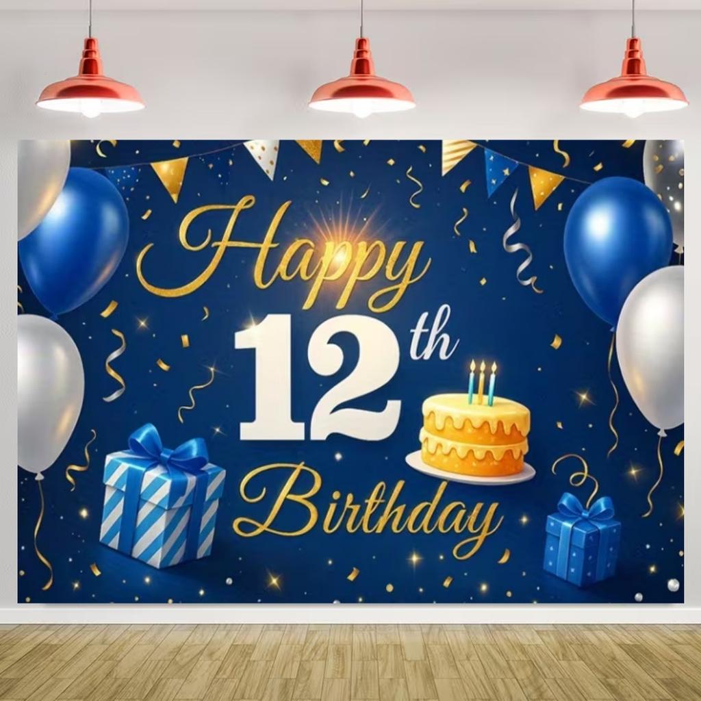 Happy 12th Birthday Banner Black Gold Balloon Background Party Decoration Boys Girls Birthday  Photography Backdrop Kids Gifts