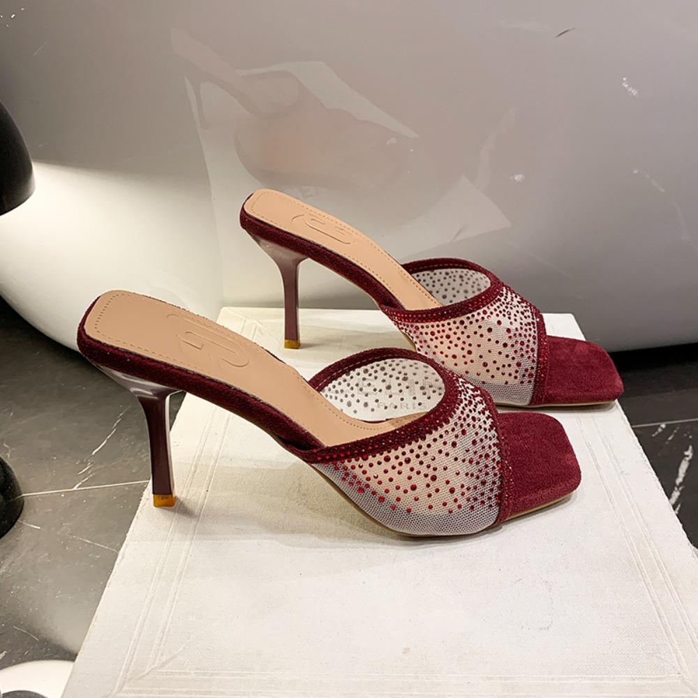 Fashion Versatile High Heel Slippers Square Head Rhinestone Decoration One-piece Strap Sandals Casual Elegant Women's Shoes