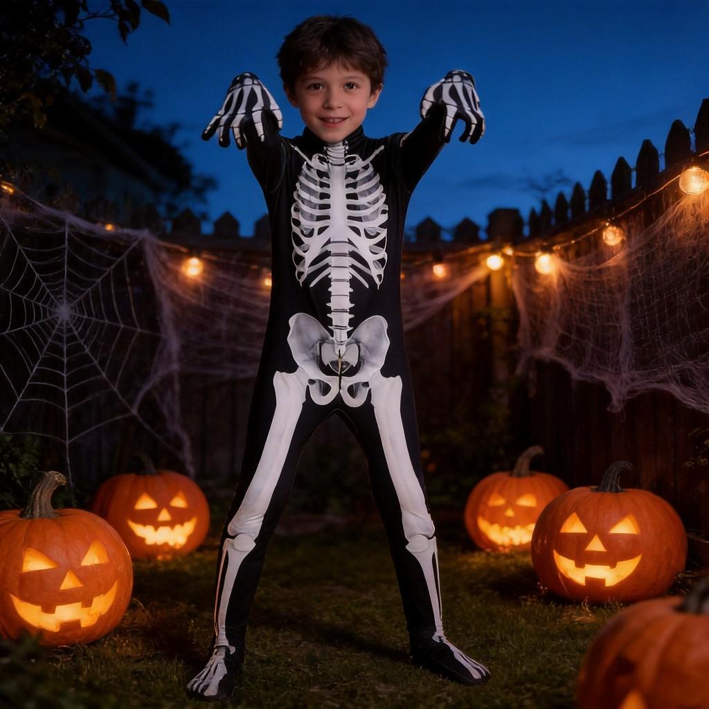 Costume da Scheletro per Bambini Tuta con Tessuto in Seta di Latte per Feste Cosplay