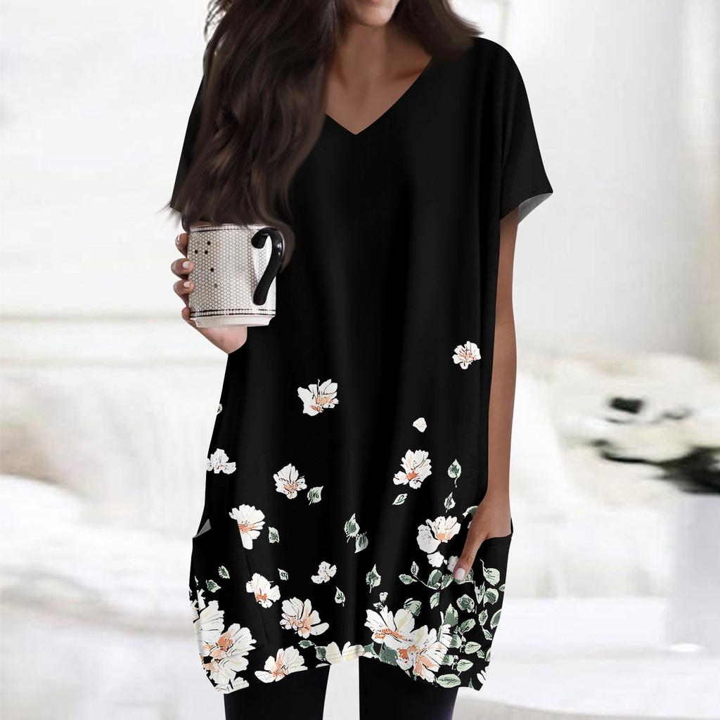 Topuri de damă cu decolteu în V Bluze cu mâneci scurte Cămăși ocazionale de lungime mijlocie Tunica cu imprimeu la modă Topuri cu buzunare