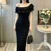 Summer waist and thin hip skirt black split-ended long dress French temperament ruffle leaf edge one-word shoulder dress women