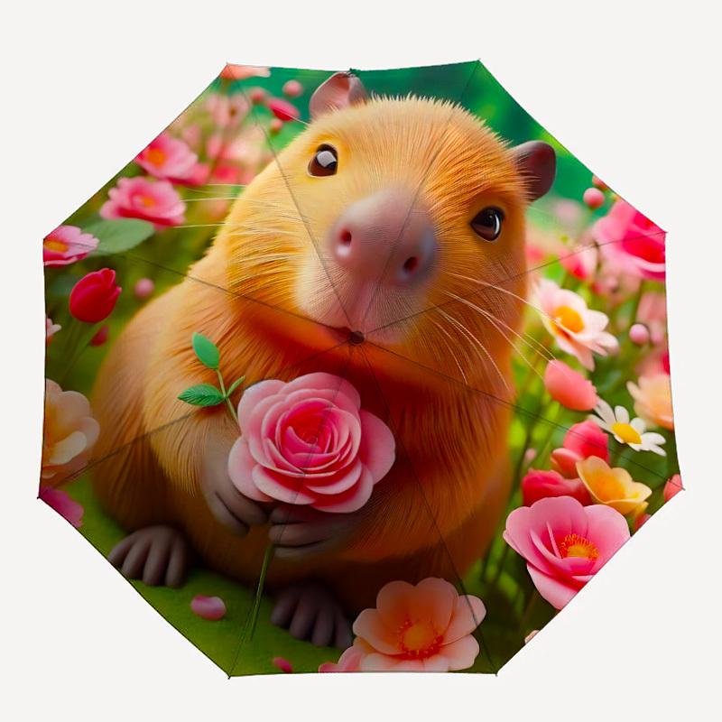 1pc Capybara Flower Automatic Folding Umbrella, 8-Rib Iron Frame, Casual Outdoor Accessory for Birthday Festival Gifts yy251128190