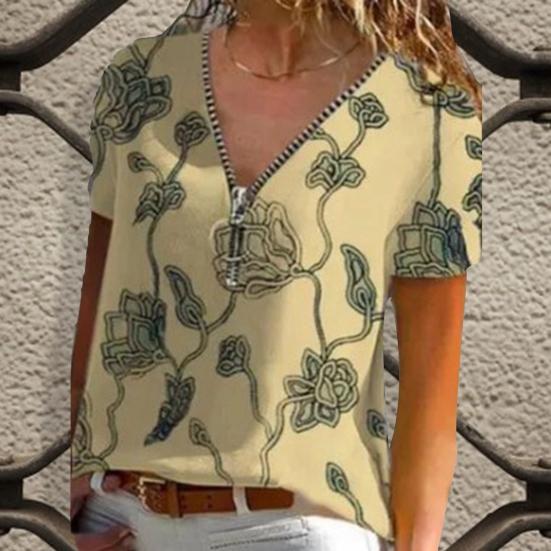 

Футболка с цветочным принтом, свободный женский топ на молнии с V-образным вырезом и короткими рукавами