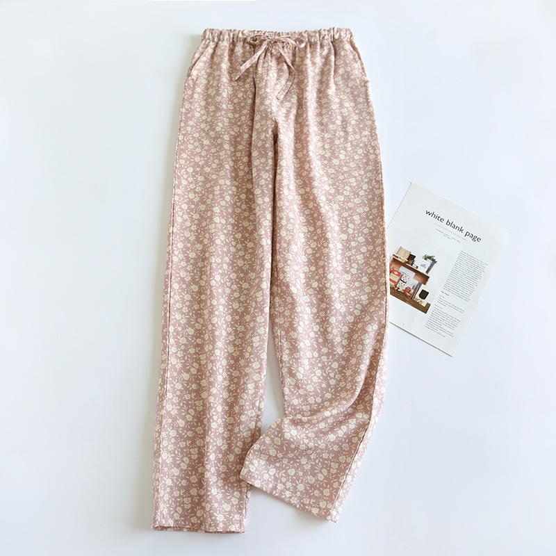 Cotton Floral Pajama Pants Women Big Size Double Gauze Girl Home Trousers Autumn Winter Loose Lace Up Sleeping Casual