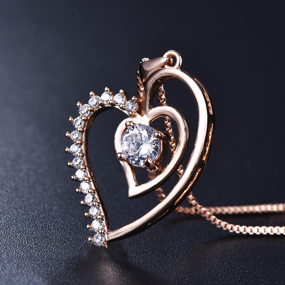 Versatile Japanese and Korean silver rose gold white diamond + double love women s necklace