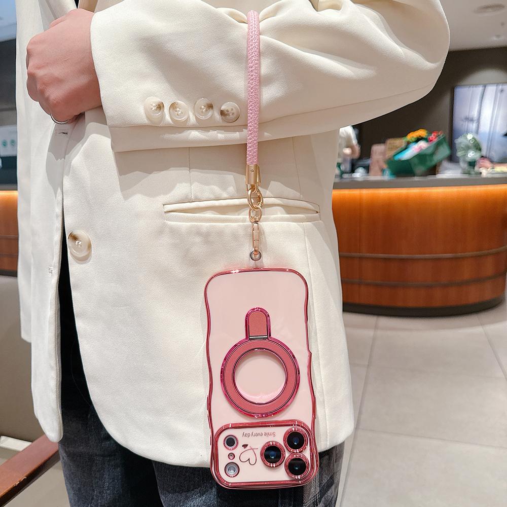 Wavy Frame Wrist Strap Phone Case for iPhone 17 Air 16 15 14 13 12 11 Pro Max Plus Silicone Soft Protective Cover Magnetic Stand