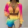 Summer Beach 3 stk Sett Antrekk Kvinner Mote Sexy Cardigan Bluse Topper + Shorts Sett Dame Uformell Lantermer Løse Korte Bukser Drakter Bladtrykksett