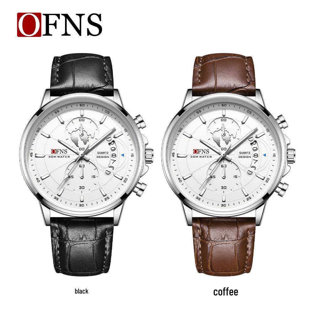 OFNS Men's Fashion Business Watch: Six-Hand Leather Strap, Waterproof with Calendar.