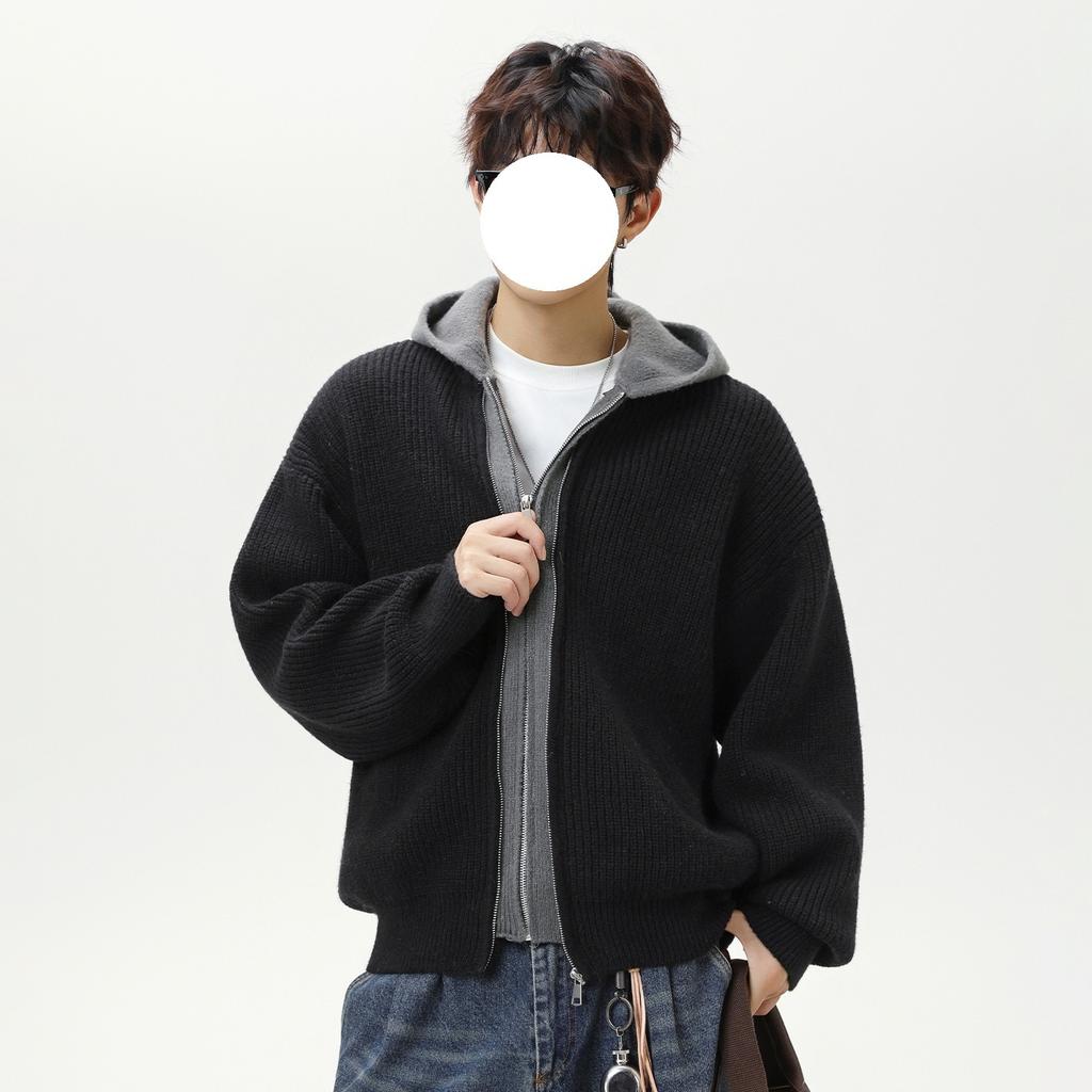New Lazy Wind Fake Two-piece Cardigan Hooded Sweater Men's Autumn and Winter New Retro Trendy Brand Knitted Sweater Jacket Top