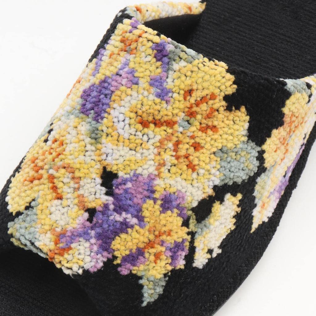 Made In Japan Chenille Pansy Print Pantaloon Slippers Room Heeled [Heeled Sandals, Shoes, Slippers] (Black)