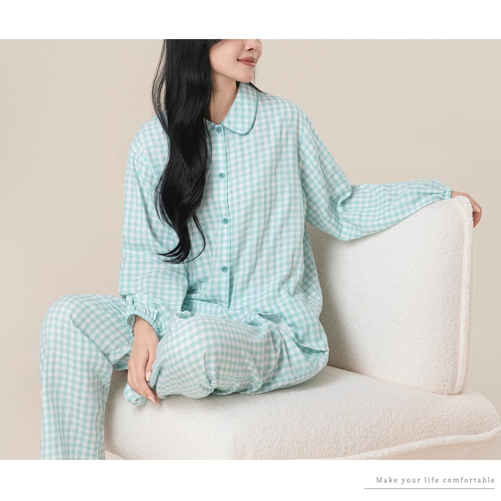 Yes Family Double Gauze Long Check Size Green Women's Pajamas, 100% Cotton, Sleeves, Loungewear, Pants, Pattern, L,