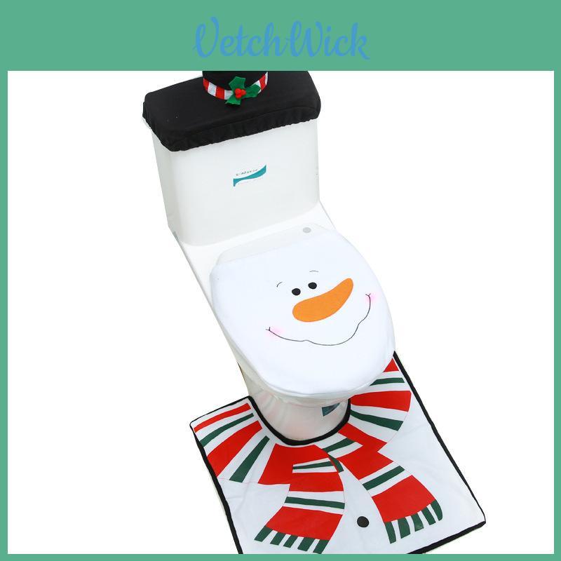 Christmas Themed Santa Claus Snowman Pattern Toilet Cover Three Piece Set For Holiday Bathroom Decor
